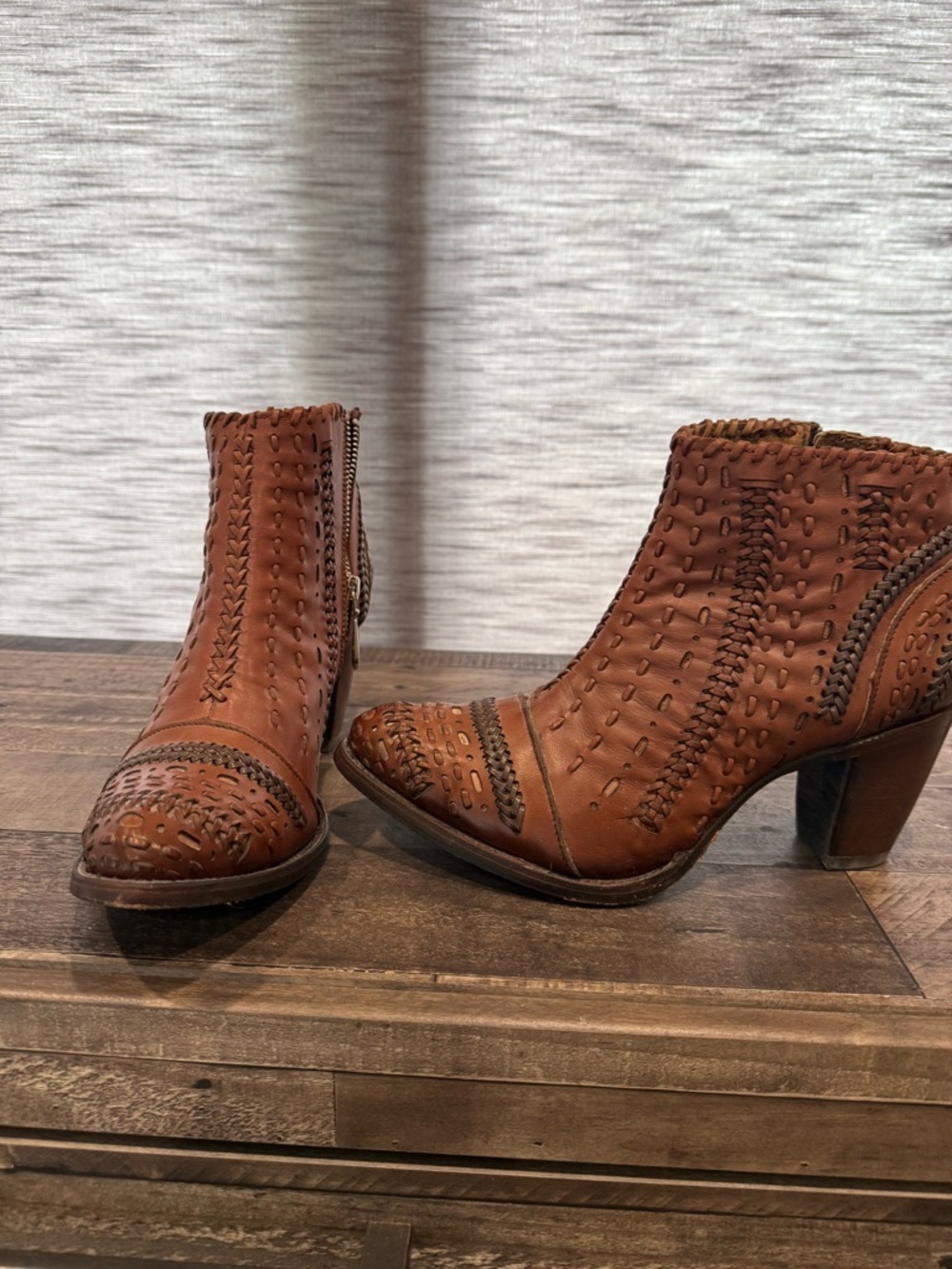 Woven Detail Leather Ankle Booties - Cognac Brown